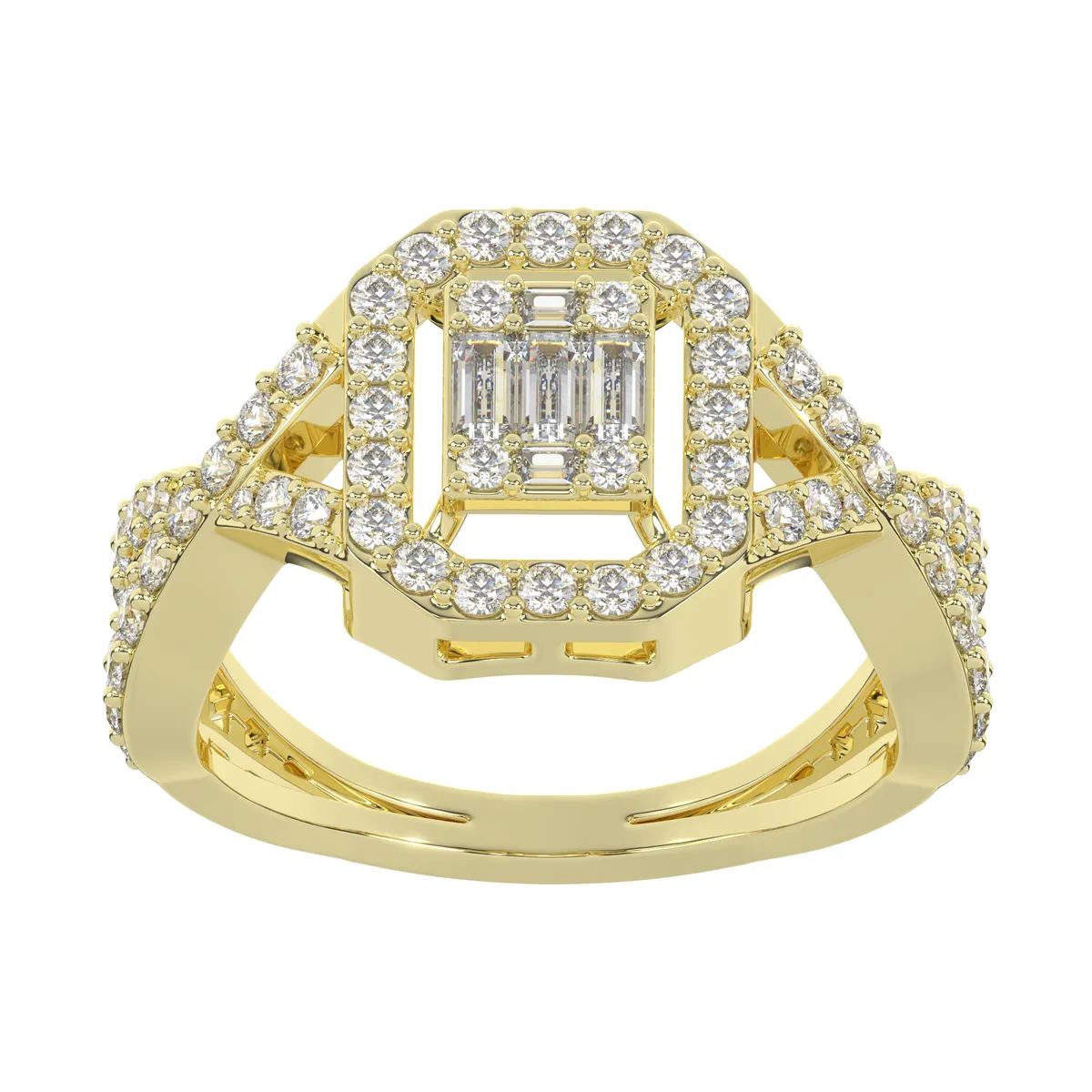 Geometric Baguette & Round Diamond Halo Twisted Ring