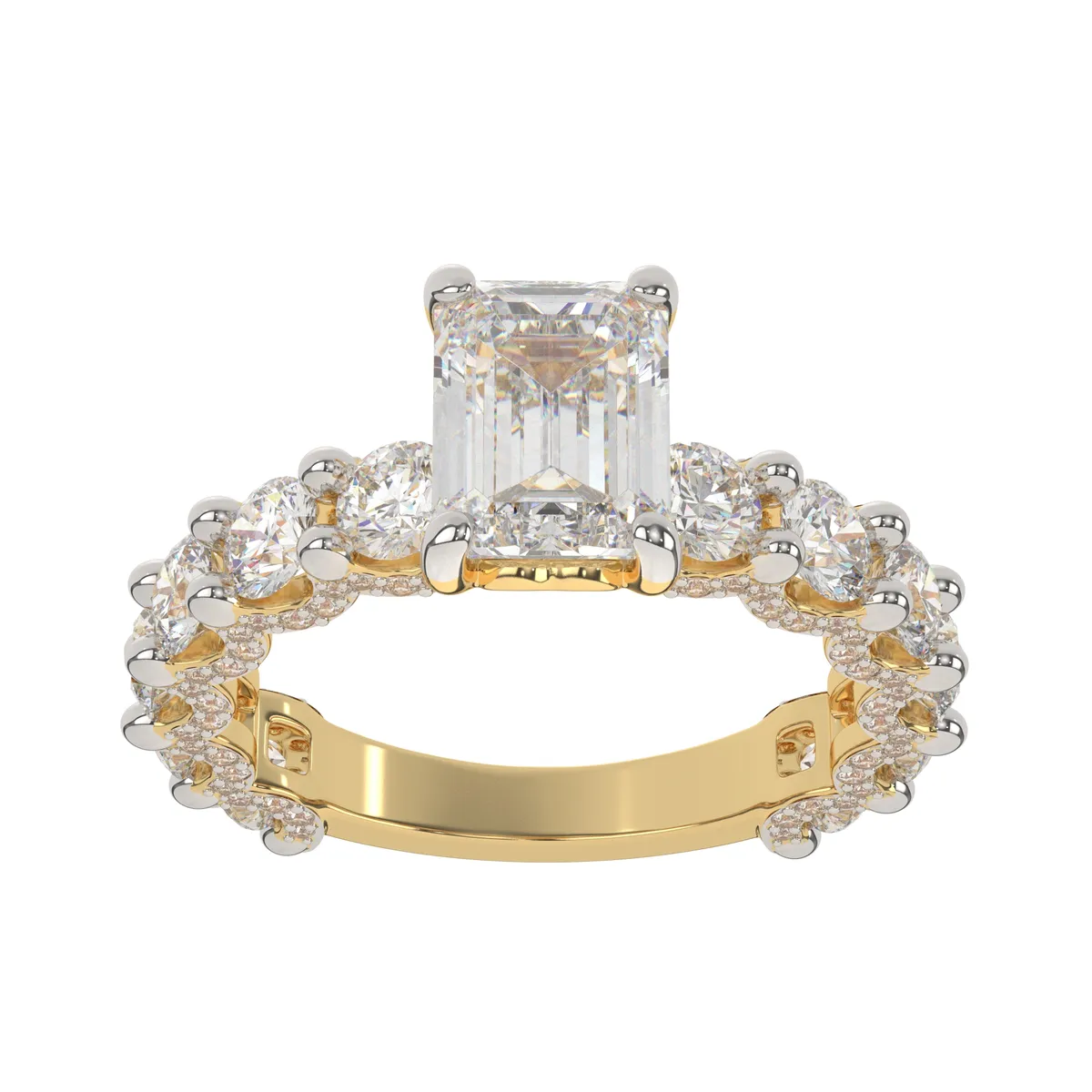 Beautiful Eternity Moissanite Emerald With Side Round Brilliant Diamond  Engagement Ring For Women