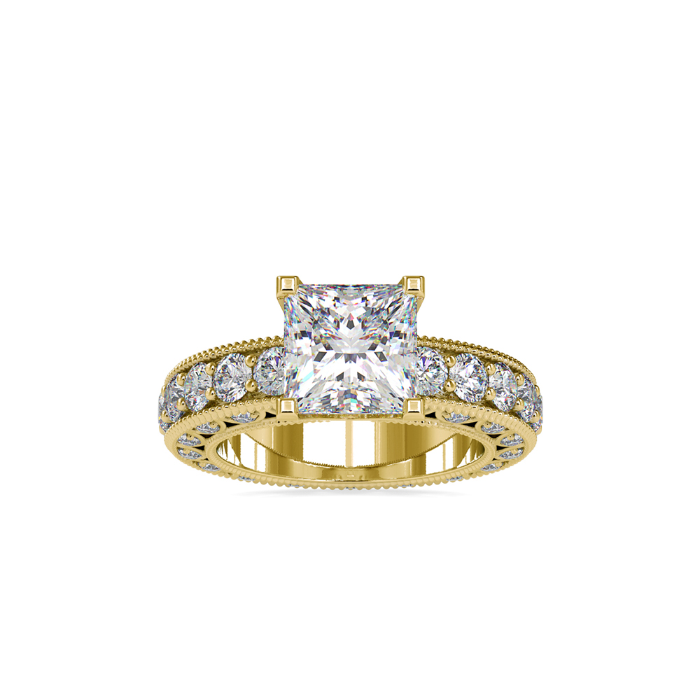 Princess-Cut Diamond Ring with Milgrain & Triple Row Accents