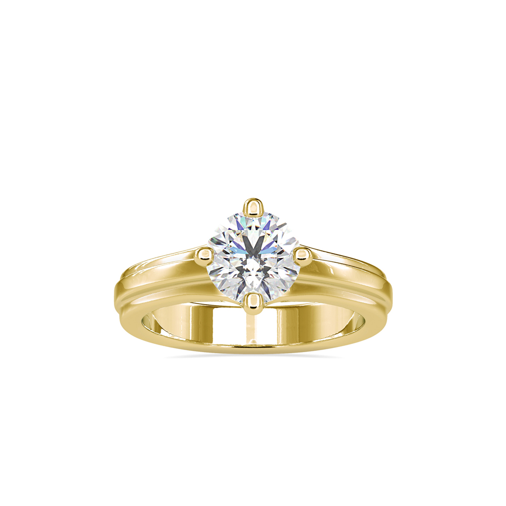 Yellow Gold Round Diamond Ring with Trefoil Side View and Grooved Shank