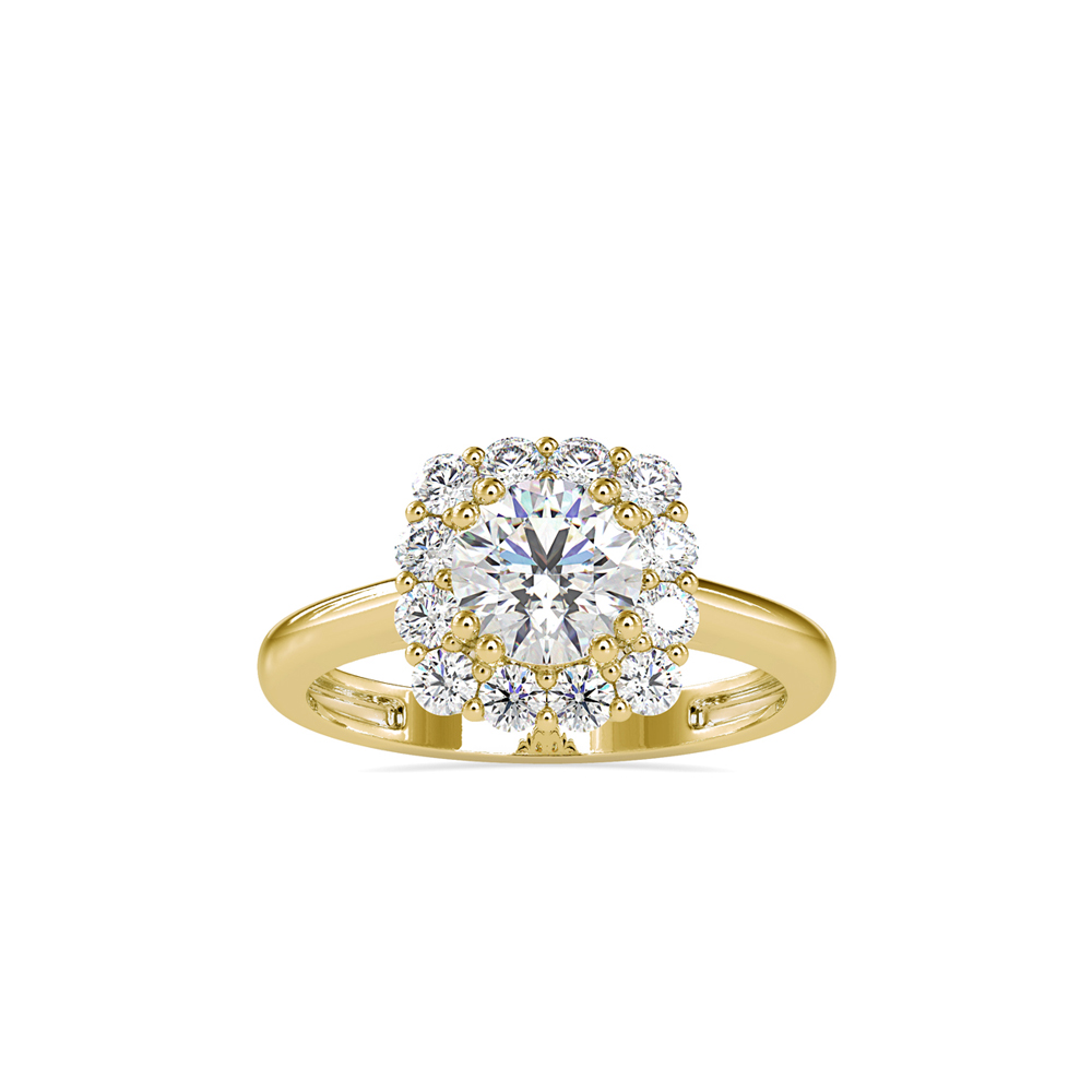 Round Diamond Solitaire with Floral/Cushion Halo in Yellow Gold