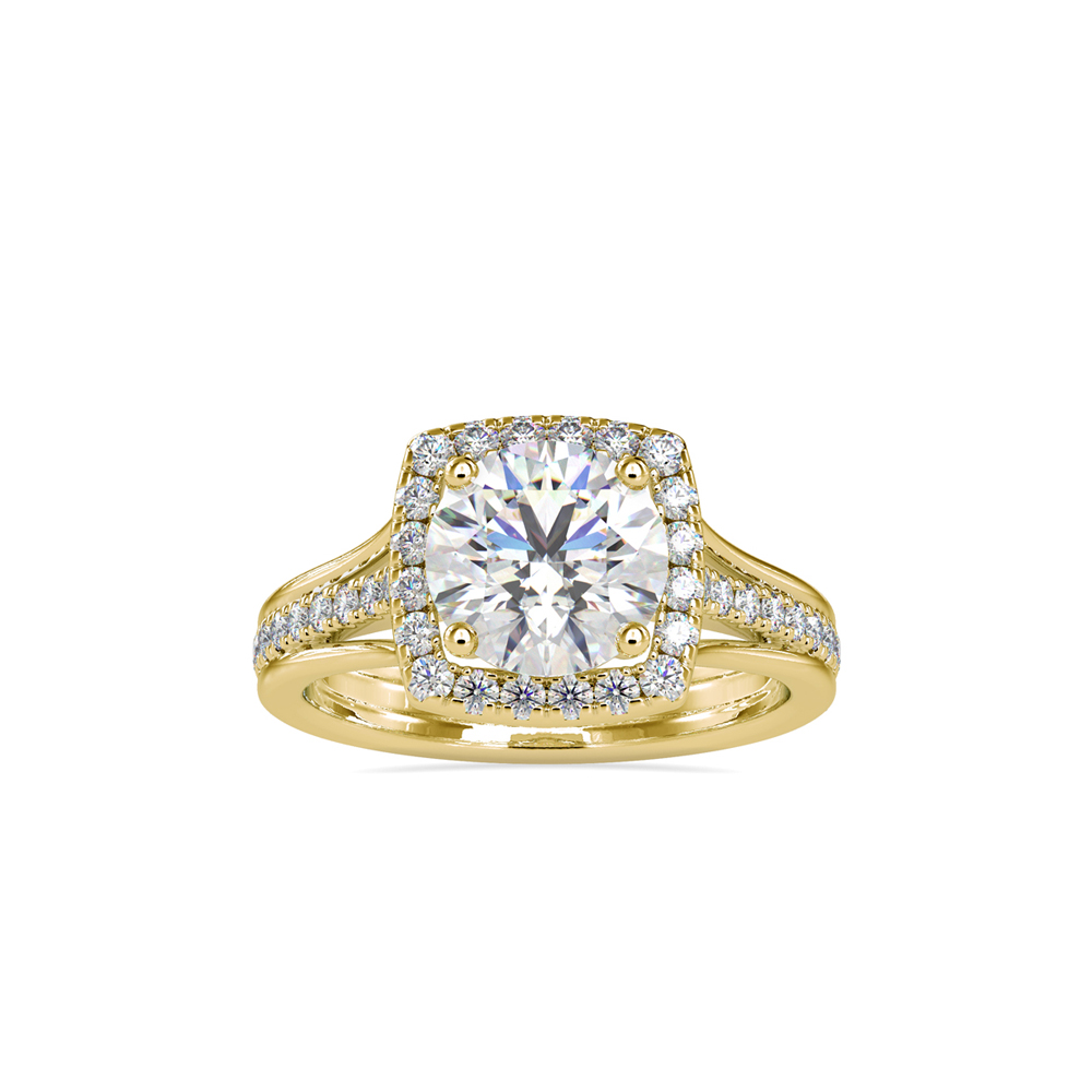 Round Diamond Ring with Square/Cushion Halo and Pave Split Shank in Yellow Gold