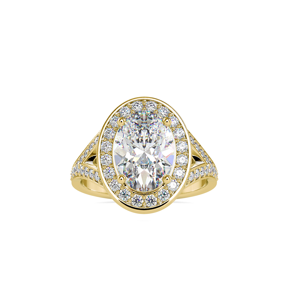 Yellow Gold Split-Shank Pave Ring with Oval Diamond and Halo