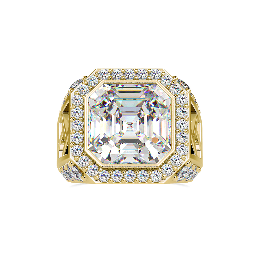 Massive Asscher/Emerald-Cut Diamond Ring with Halo and Cage Setting in Yellow Gold