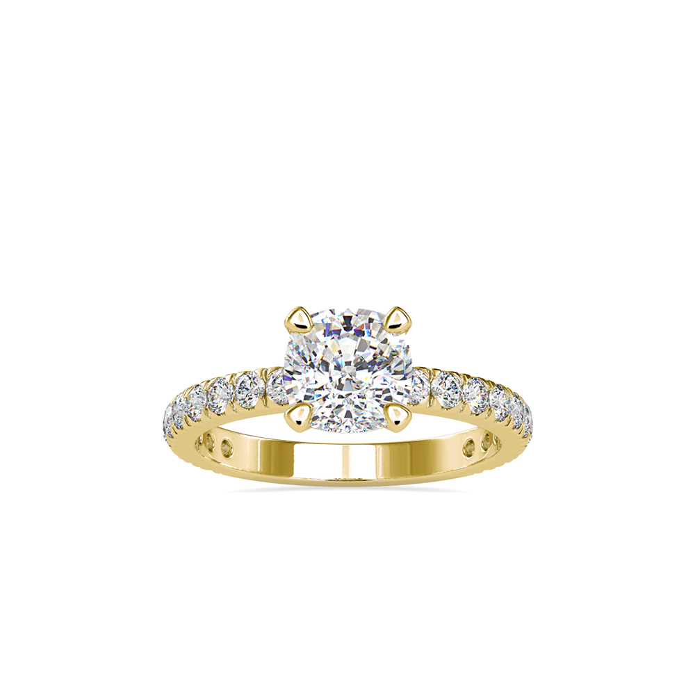 Cushion Solitaire Ring with Diamond Pave Band in Yellow Gold