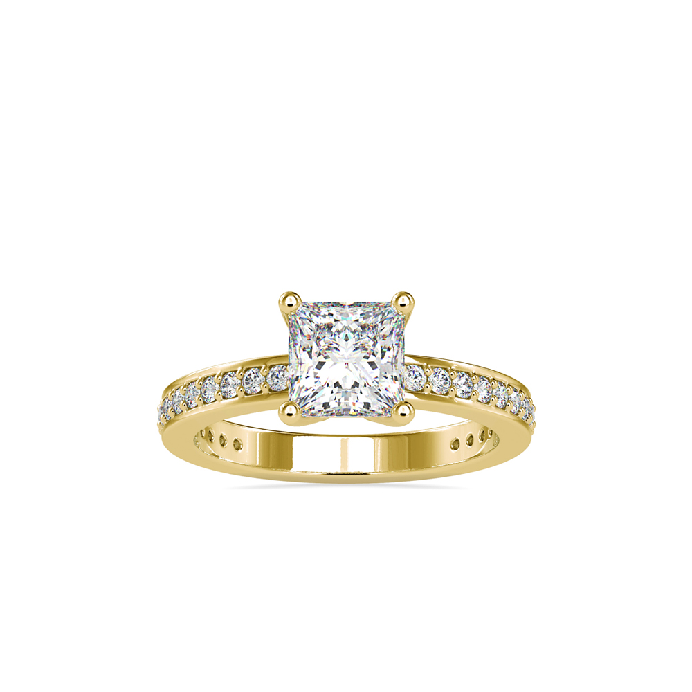 Princess Solitaire Ring with Diamond Pave Band in Yellow Gold