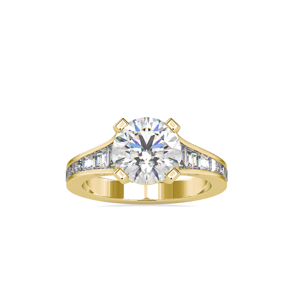 Round Diamond Ring with Graduated Baguette Side Stones in Yellow Gold