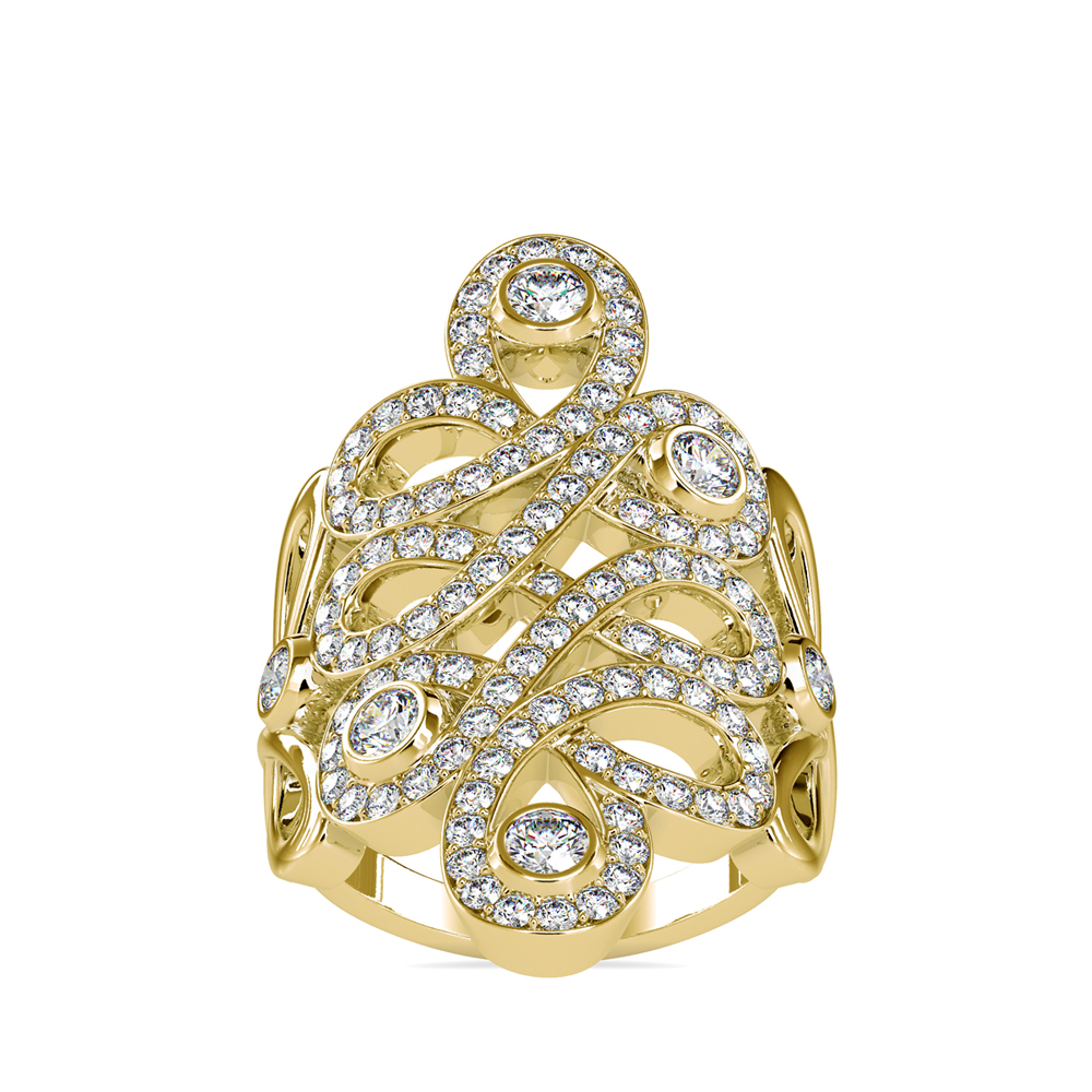 Yellow Gold Statement Ring with Multi-Diamond Scrolling Openwork
