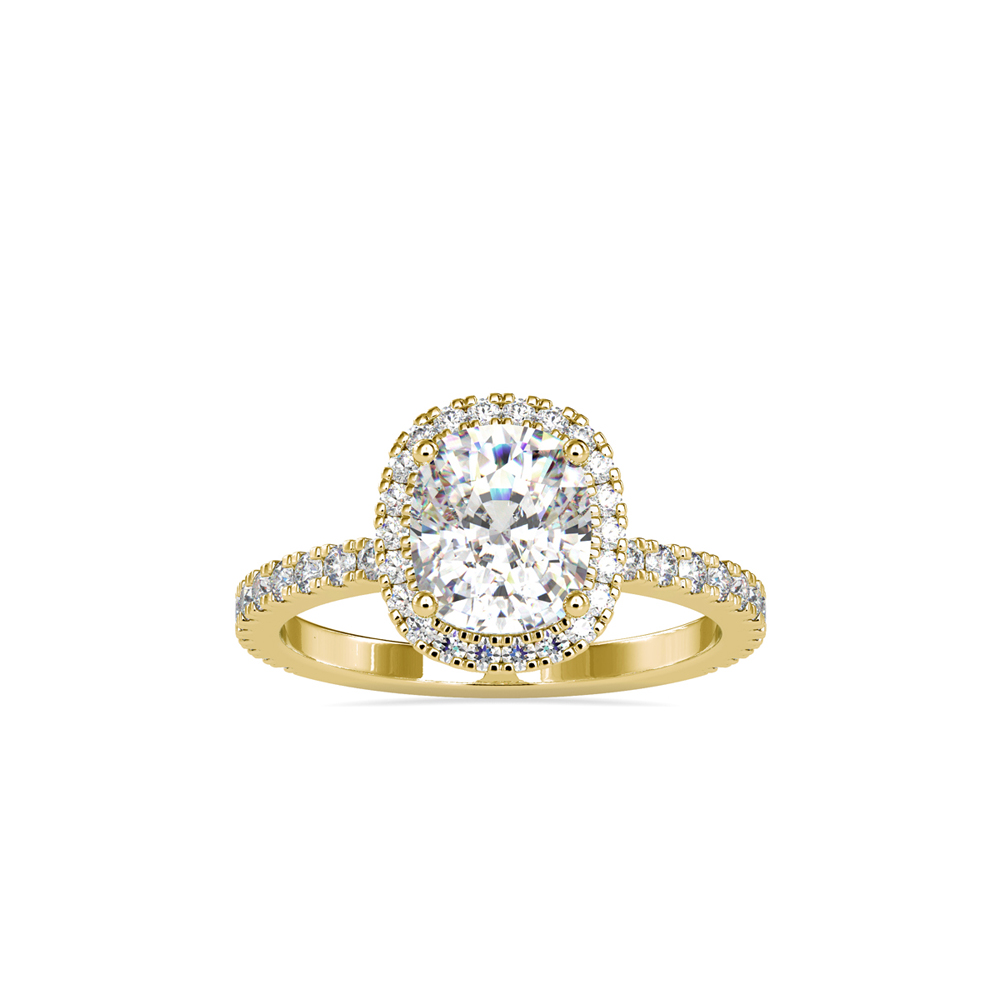 Cushion-Cut Diamond Halo Ring with Pave Band in Yellow Gold