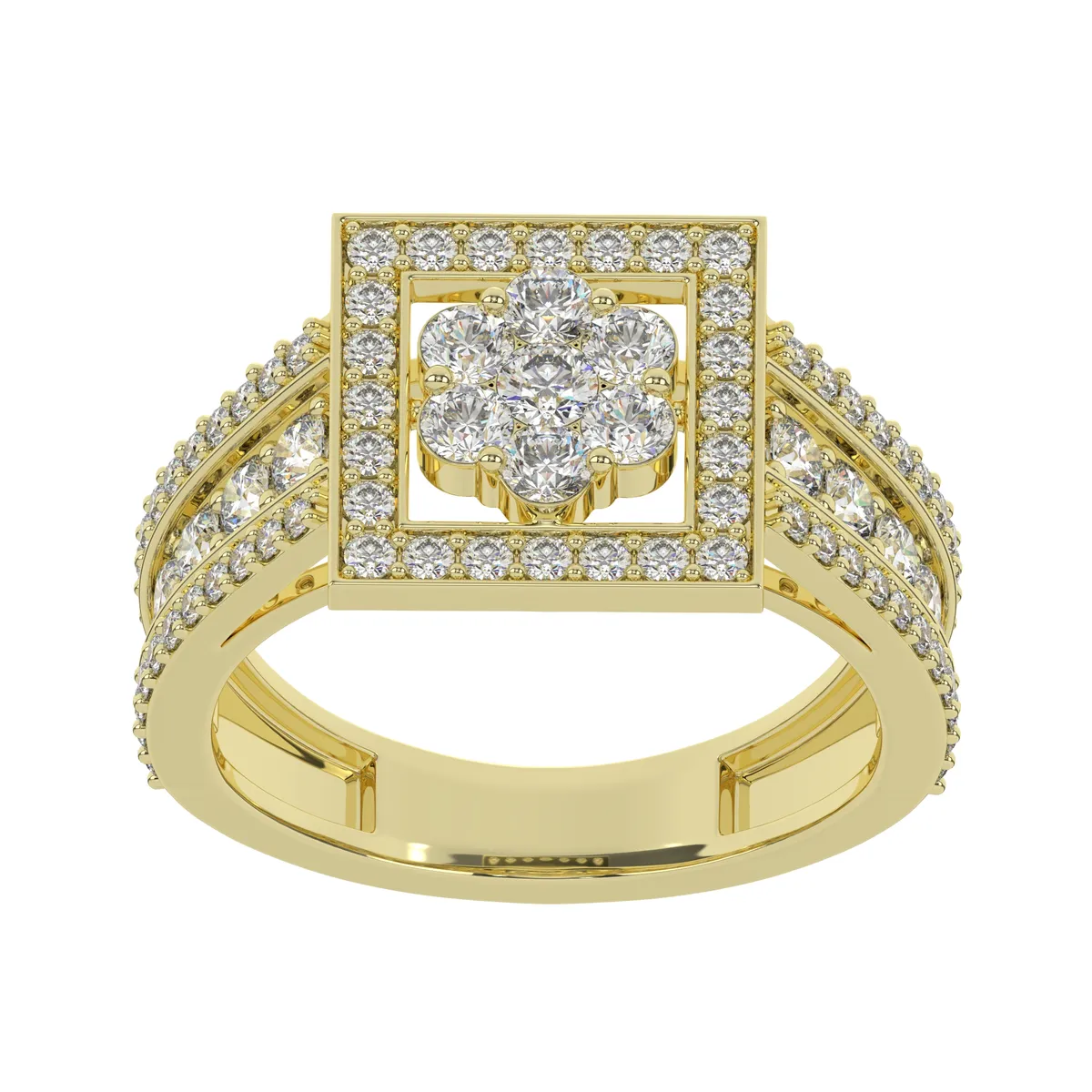 Square Halo Diamond Cluster Wide Band Ring