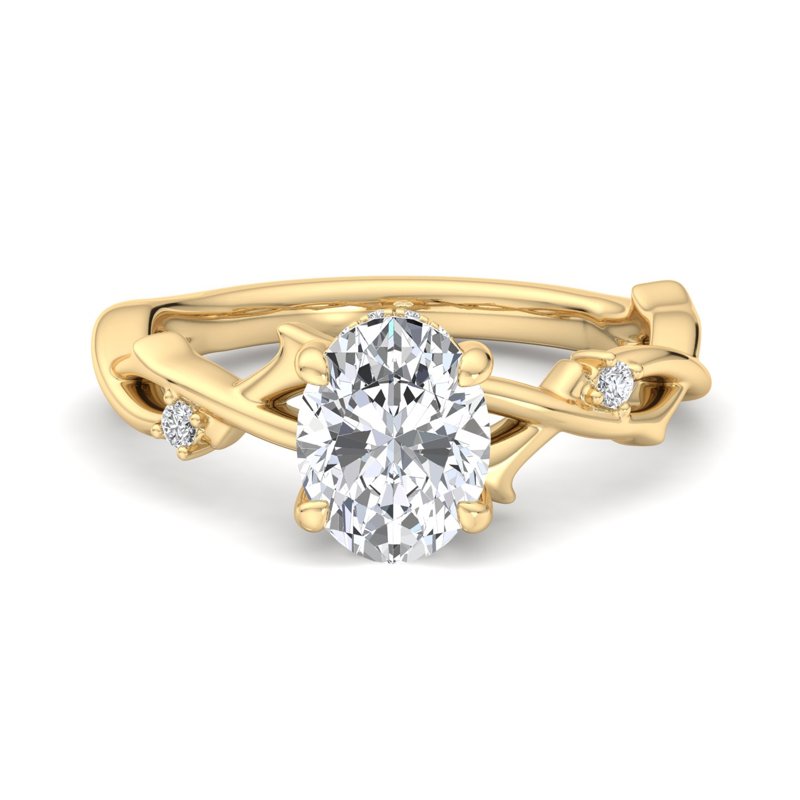 Gold Oval Solitaire with Leaf & Diamond Accents