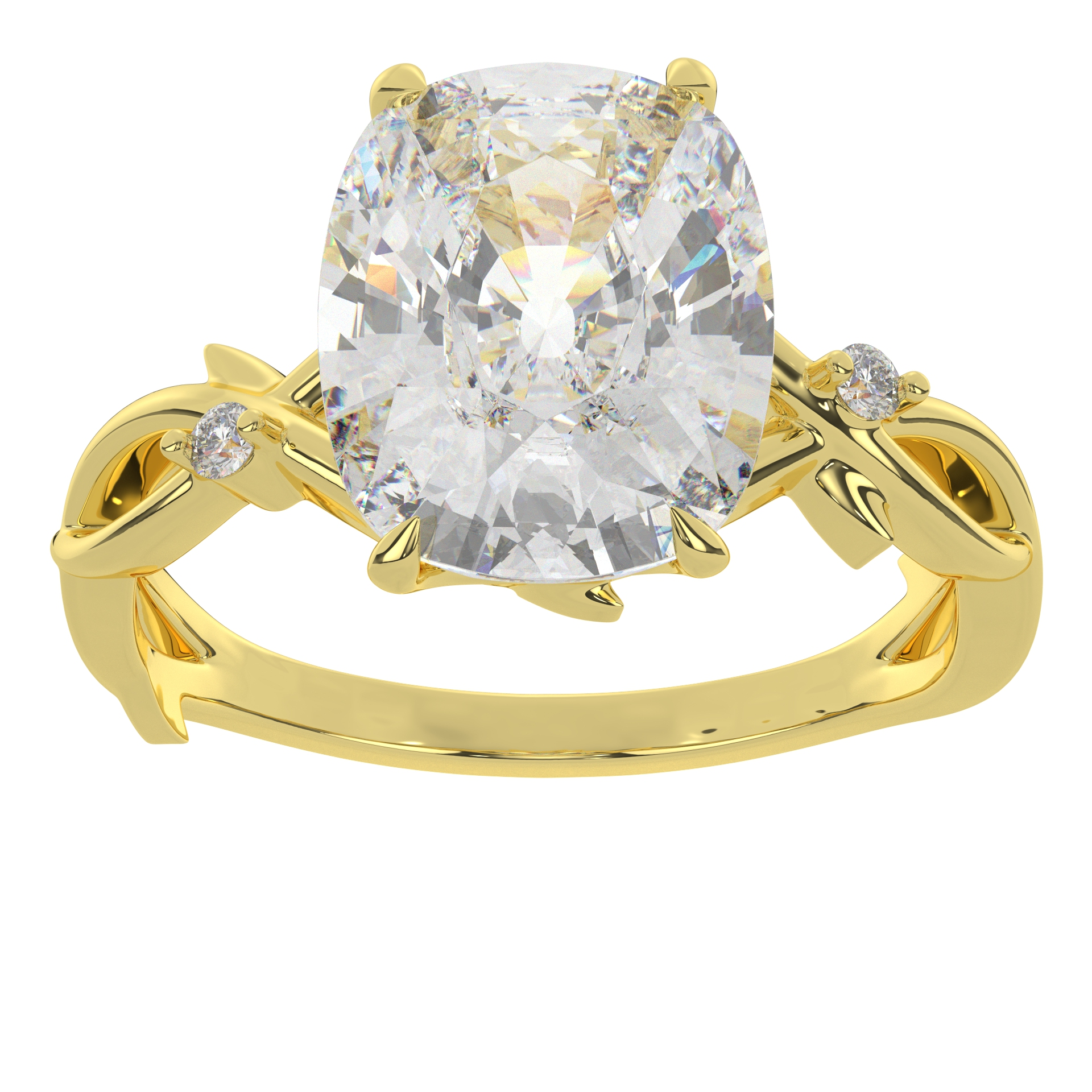 Long Cushion Cut Diamond Vine Shank Engagement Ring.