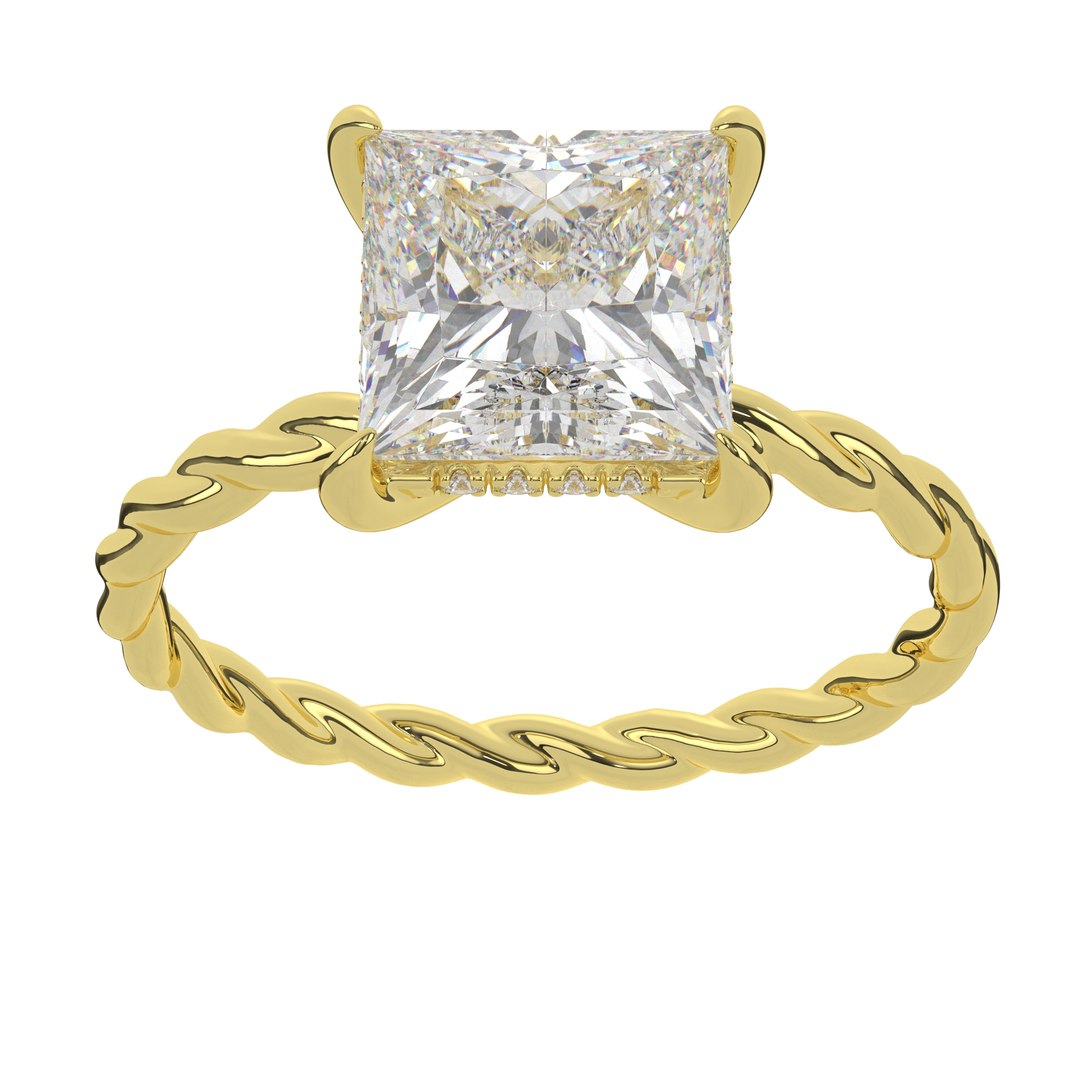 Fancy Twisted Band Moissanite Hide Halo Princess Cut Diamond Ring For Women