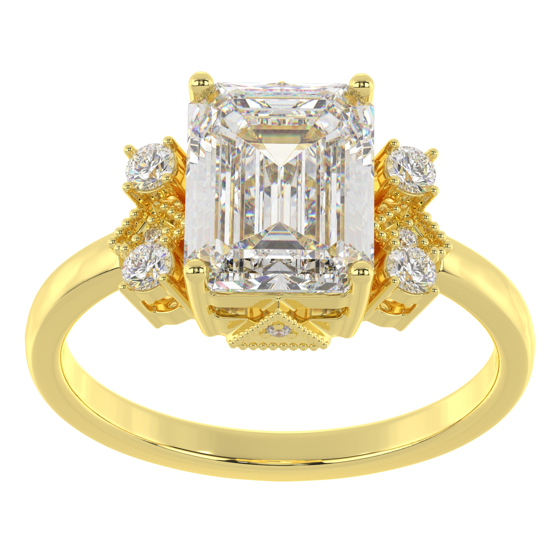 Stylish Moissanite Emerald Cut With Side Round Cut Diamond Wedding Ring For Women