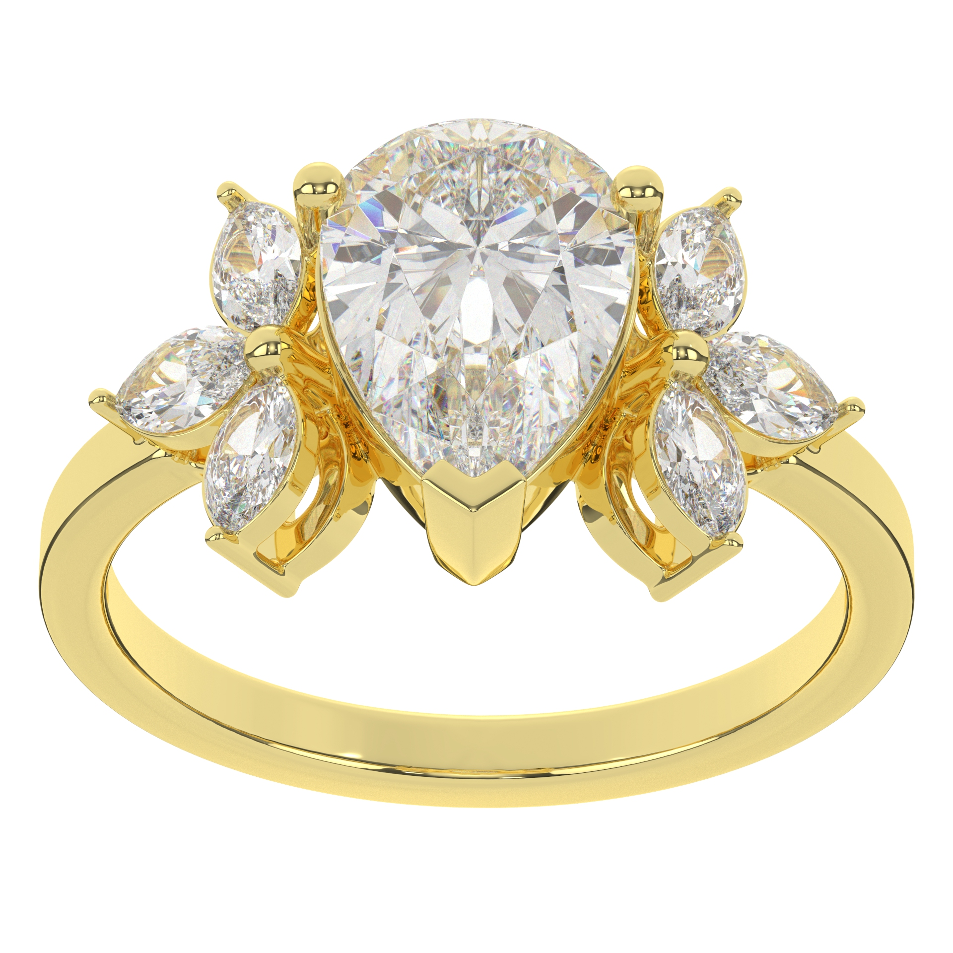Yellow Gold Moissanite Pear Cut With Side Marquise Diamond Engagement Ring For Women