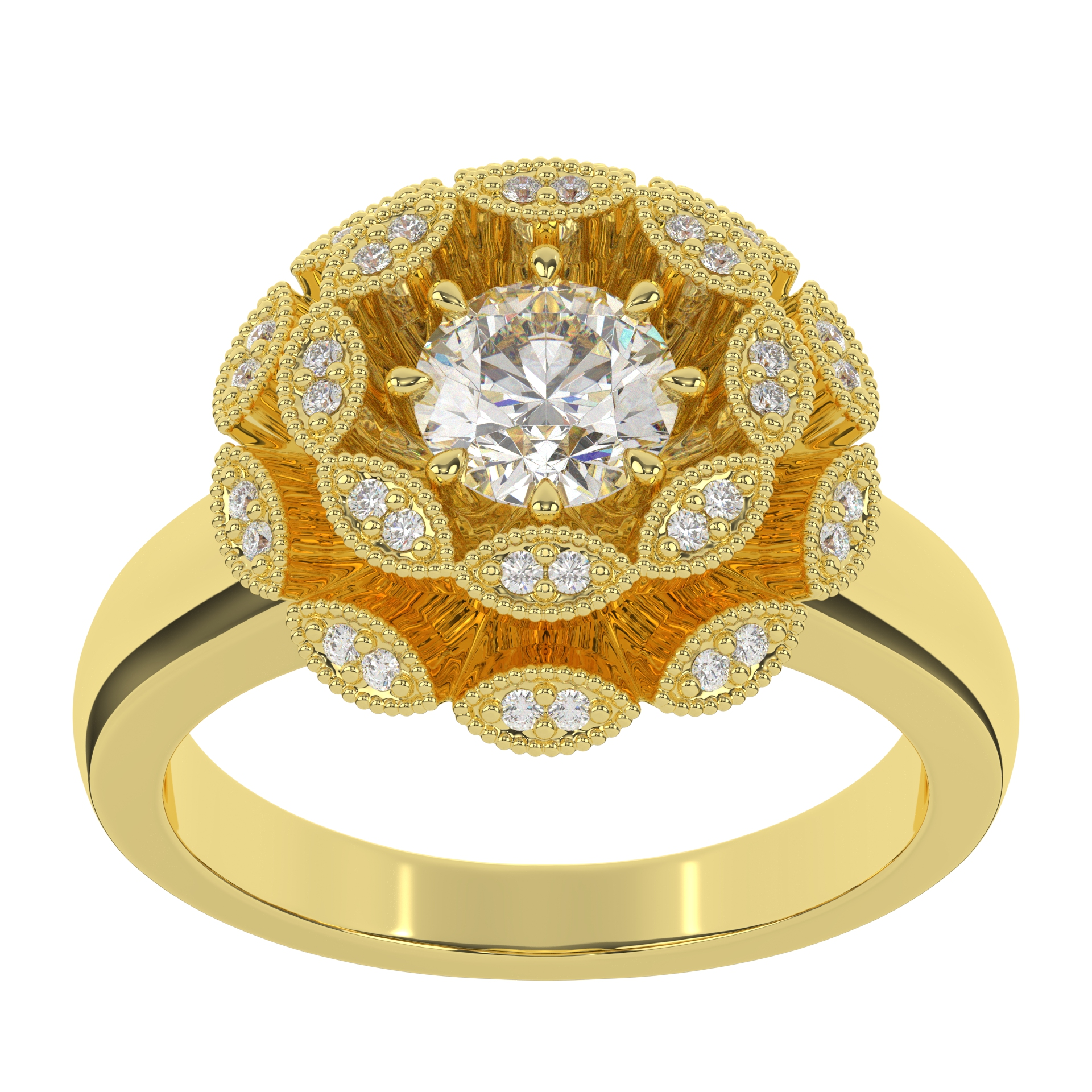 Yellow Gold Moissanite Round Brilliant Cut With Unique Design Diamond Wedding Ring For Women